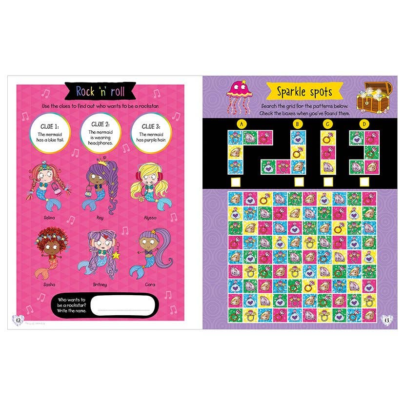 A children's activity book spread showing two pages: one titled 'Rock 'n' roll' with cartoon mermaids and clues, and the other titled 'Sparkle spots' with a grid of colorful squares on a purple background.