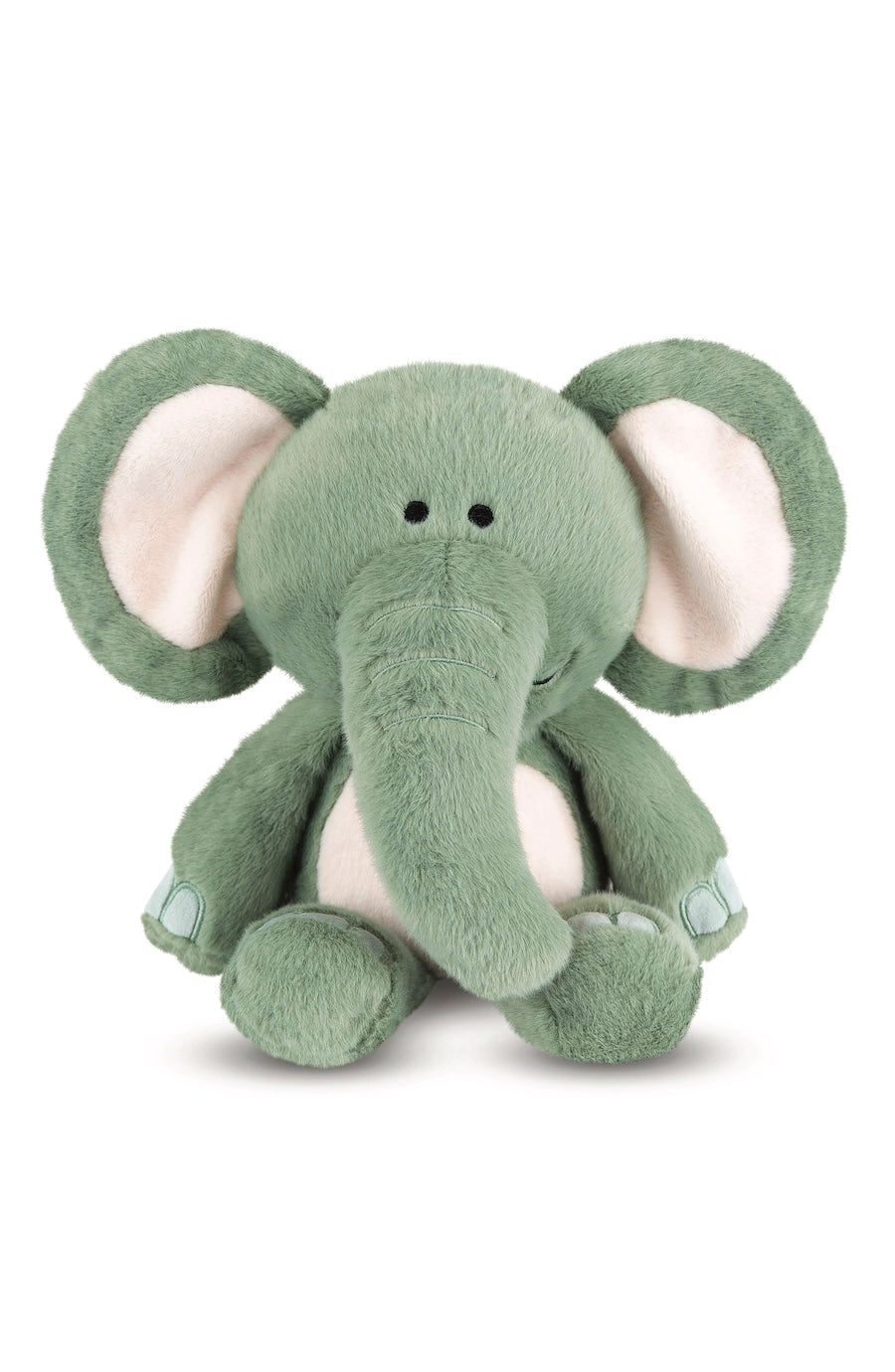 A plush elephant toy in sage green with pale pink inner ears and belly, sitting against a plain white background.