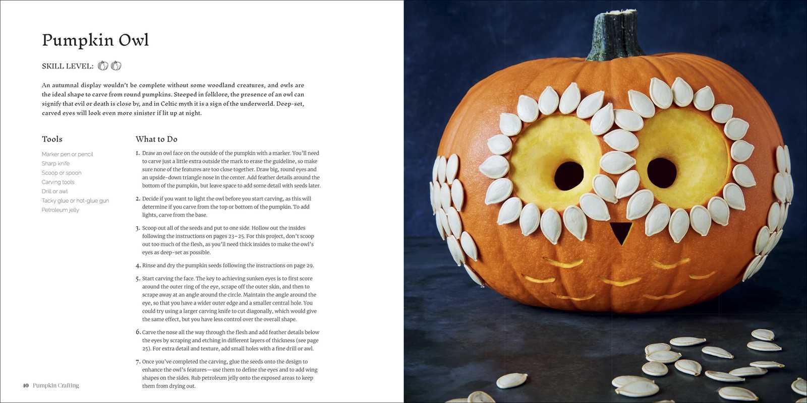 Pumpkin carved like an owl with a recipe on the left side.