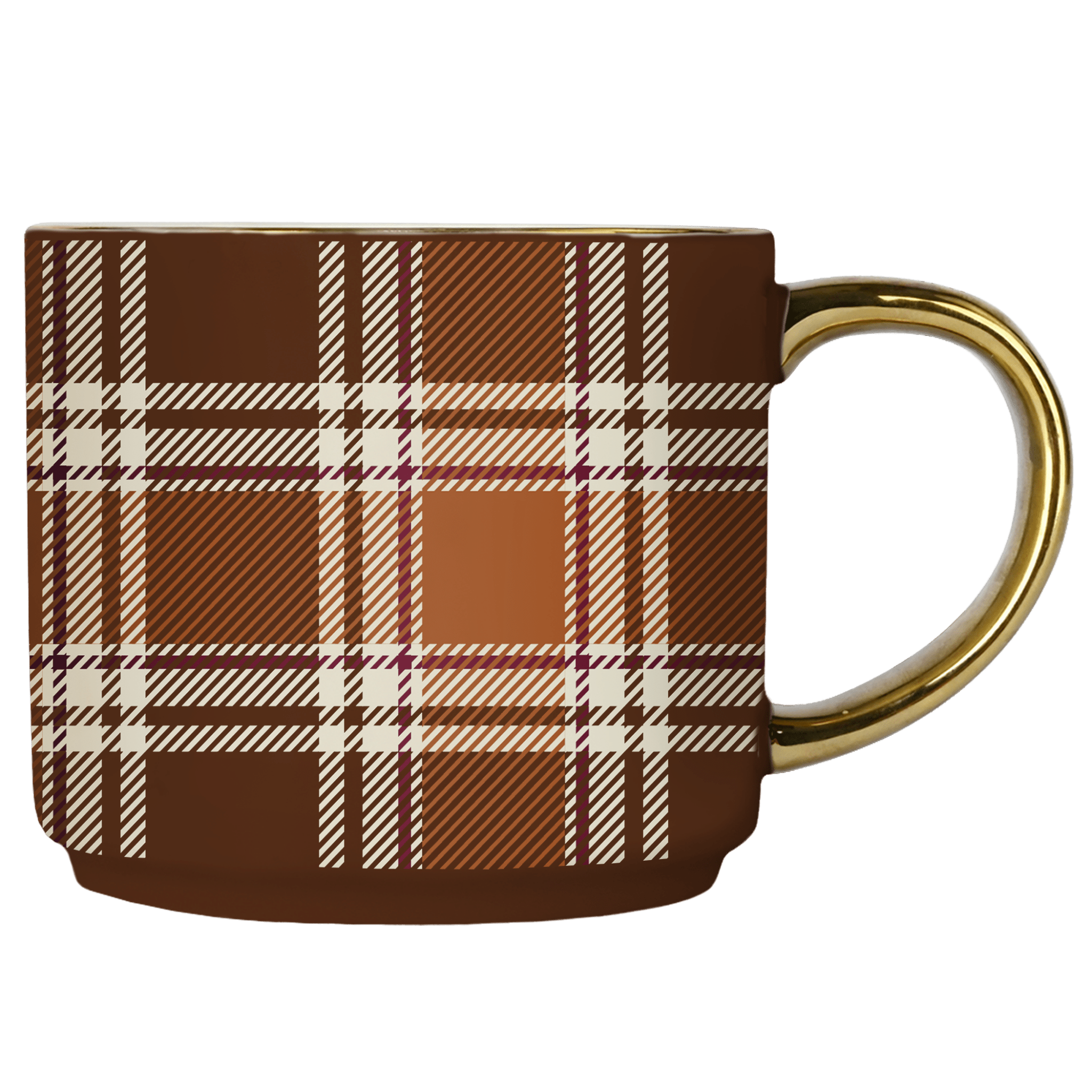 Plaid patterned mug with gold handle on a transparent background