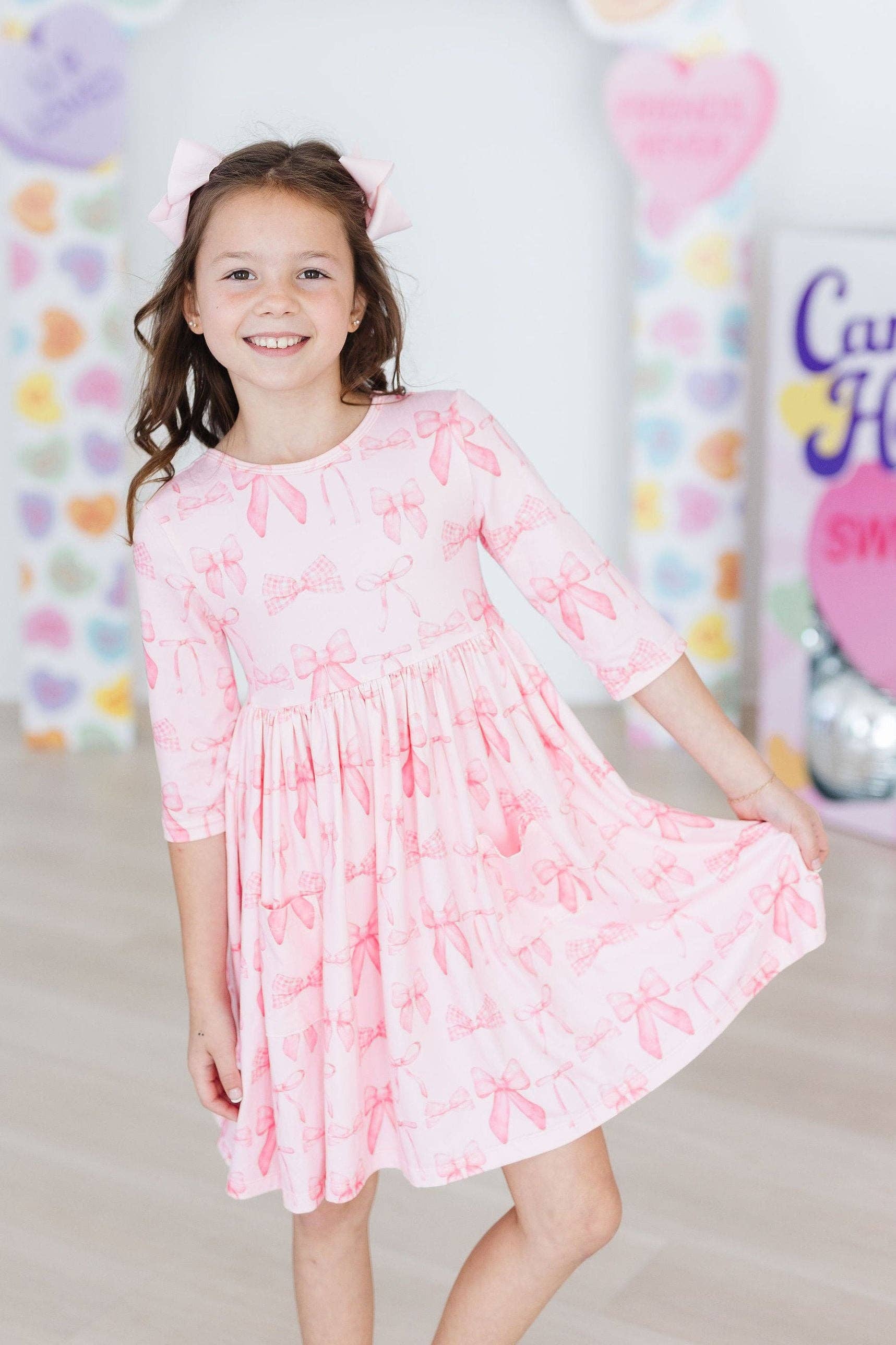 Blushing Bows 3/4 Sleeve Pocket Twirl Dress - Foxy’s