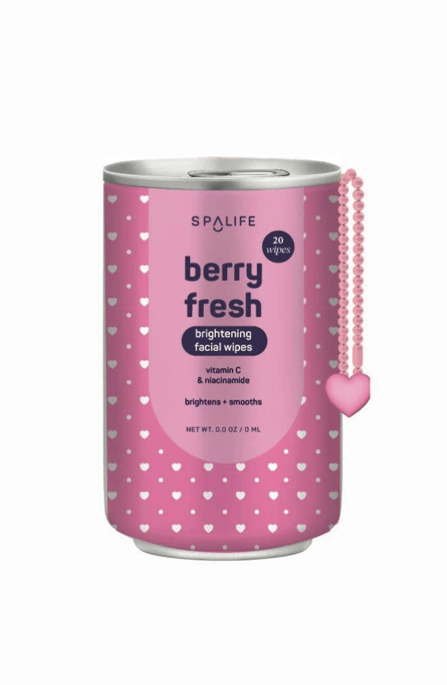 A pink can of SPALIFE Berry Fresh Brightening Facial Wipes, decorated with small white hearts and featuring a pink beaded wrist strap with a heart charm, set against a plain white background.