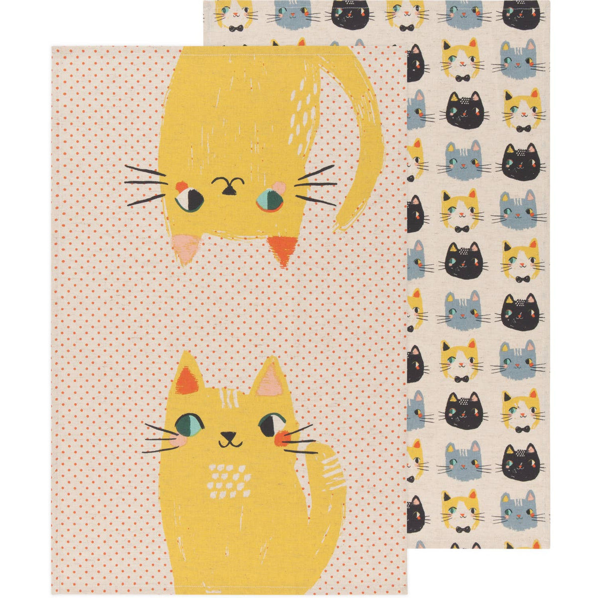 Two fabric swatches with cat designs on a white background