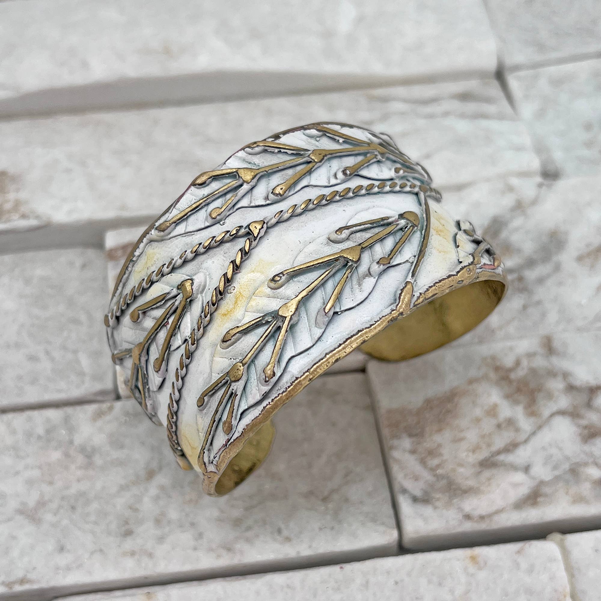 Brass Patina Cuff Bracelet - White Leaves - Foxy’s
