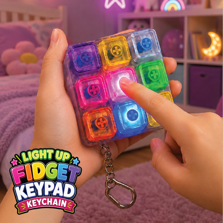A hand holds a light-up fidget keypad keychain with a clear plastic case containing nine colorful square buttons, while another hand presses one of the illuminated buttons. The background shows a cozy purple bedroom setting with shelves and toys.