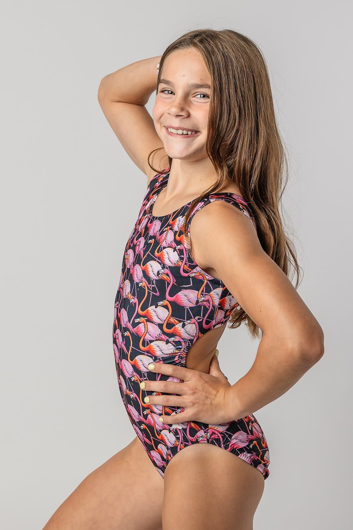 Flamingle Time Girls Gymnastics Leotard - Fun Flamingo Print Foxy's Leos