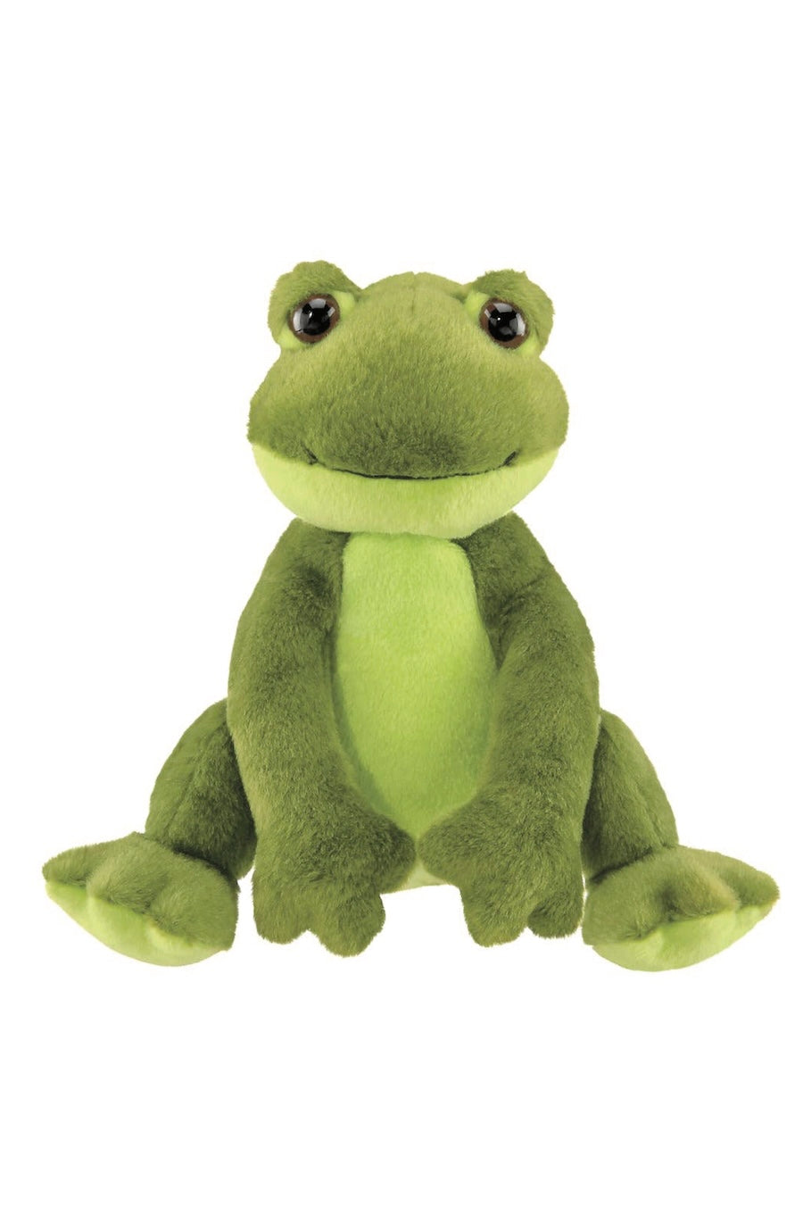 A green plush frog toy with large black eyes, sitting against a plain white background.