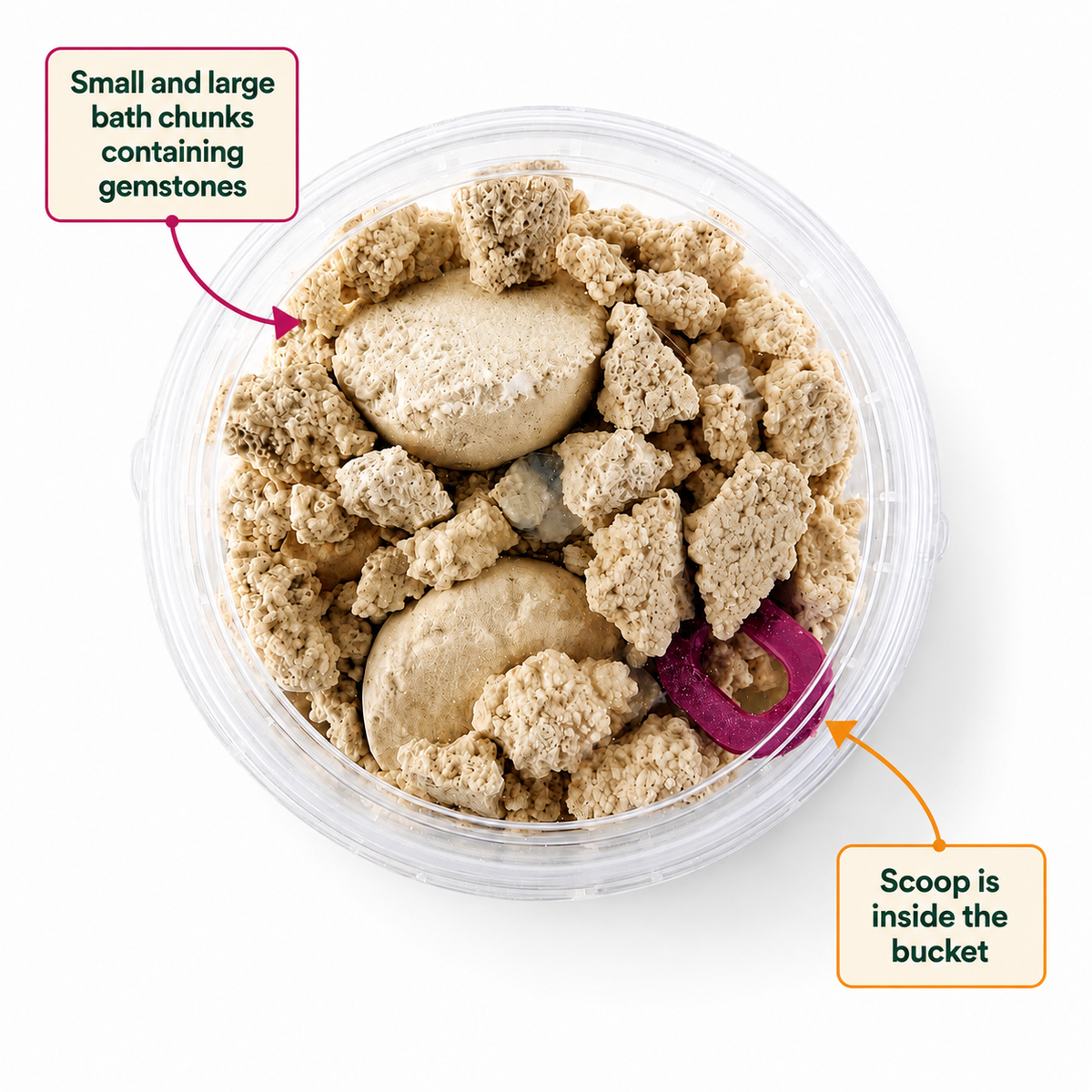 Top-down view of a clear plastic tub filled with beige bath chunks containing gemstones, with two callout labels pointing to the contents.
