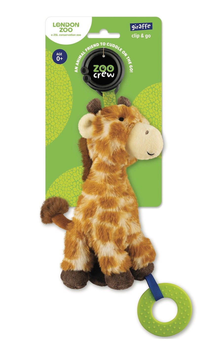 A plush giraffe toy with a blue clip and green ring attachment, shown on its green retail backing card. The card includes the London Zoo branding and a Zoo Crew logo.