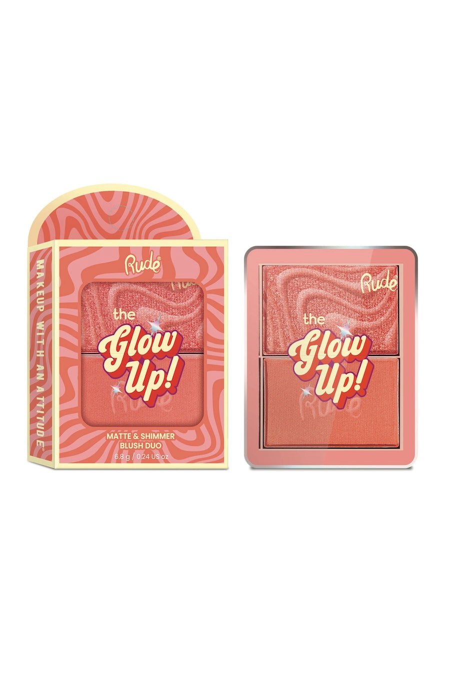 Rude Cosmetics 'the Glow Up!' Matte & Shimmer Blush Duo in the Blush Duck shade, shown with its arched cardboard packaging box on the left and the square compact on the right against a white background.