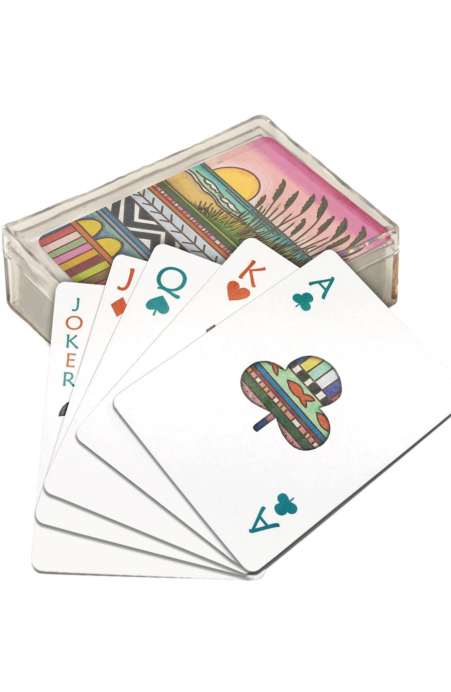 beautiful graphic playing cards in an acrylic case