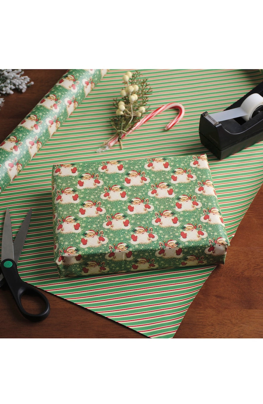 green vintage Christmas wrapping paper with Santa Clauseimages