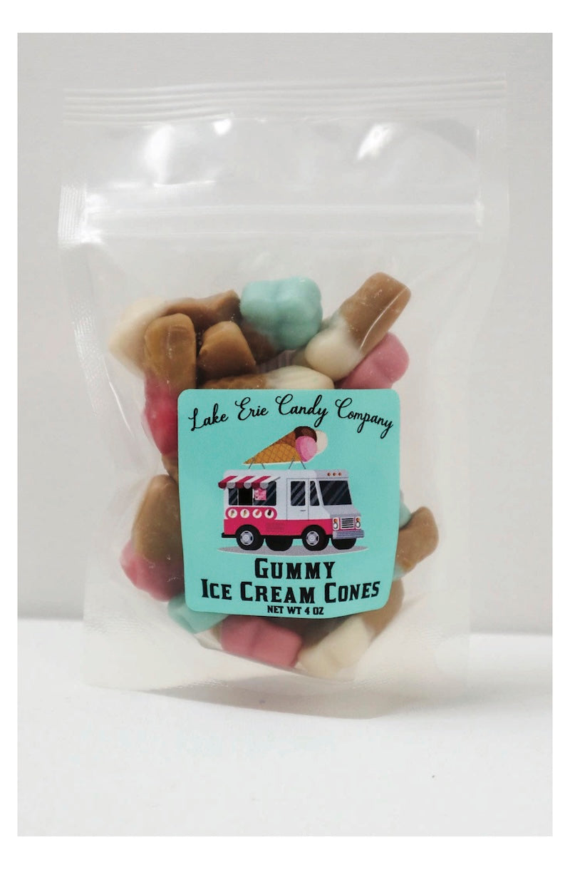 Packaged gummy ice cream cones with a label on a white background