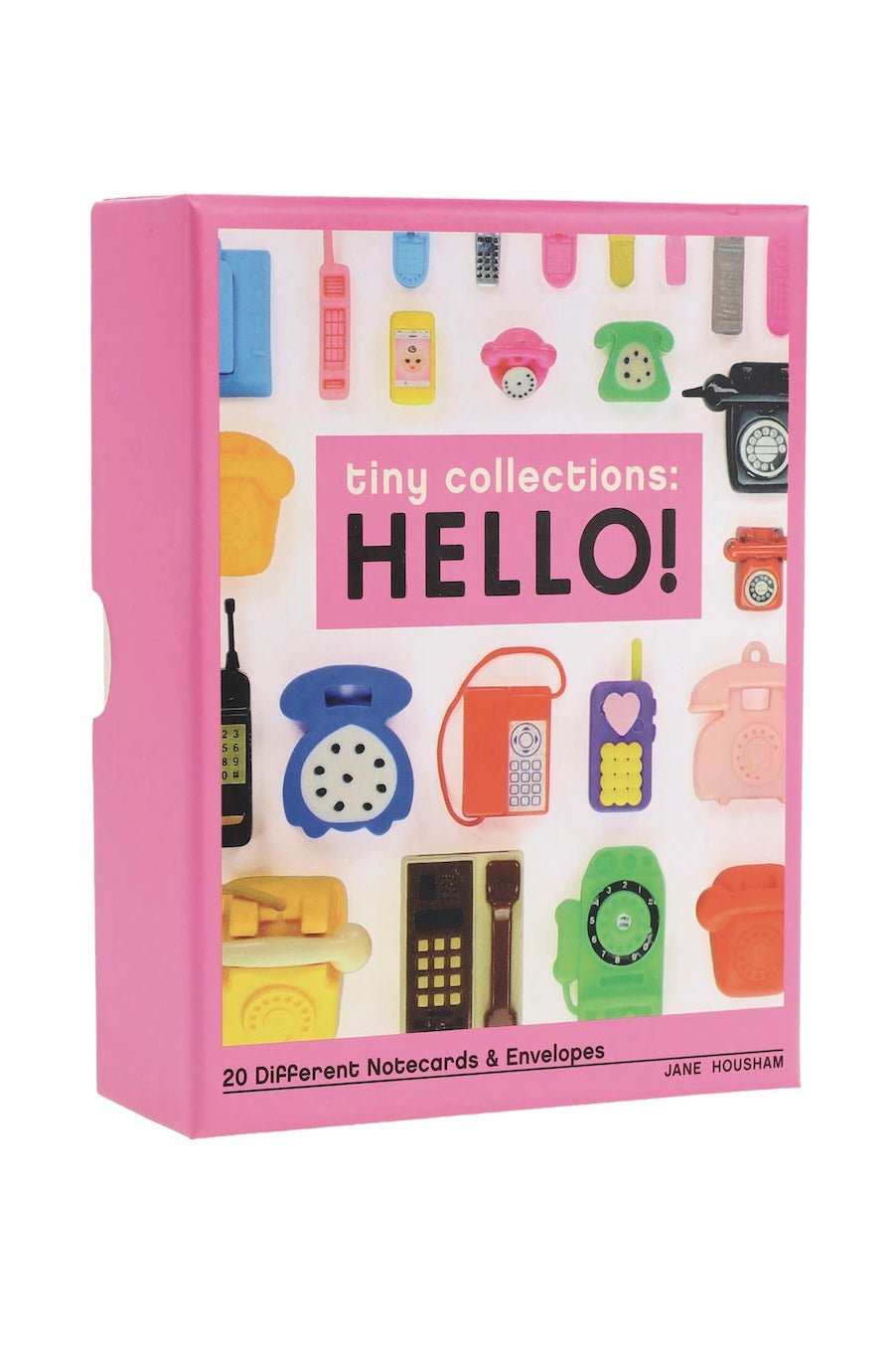 A pink box of 'tiny collections: HELLO!' notecards and envelopes by Jane Noussair, featuring colorful retro telephone and messaging illustrations on the front.
