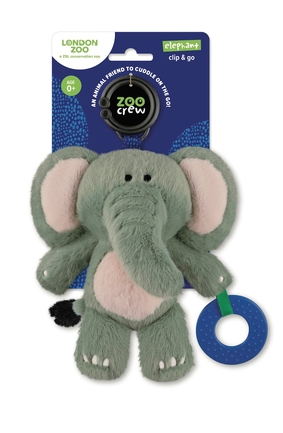 A London Zoo Elephant clip & go pet toy, featuring a plush green and pink elephant with a black nose and tail, attached to a blue ring toy with a green clip, displayed on its original retail packaging.