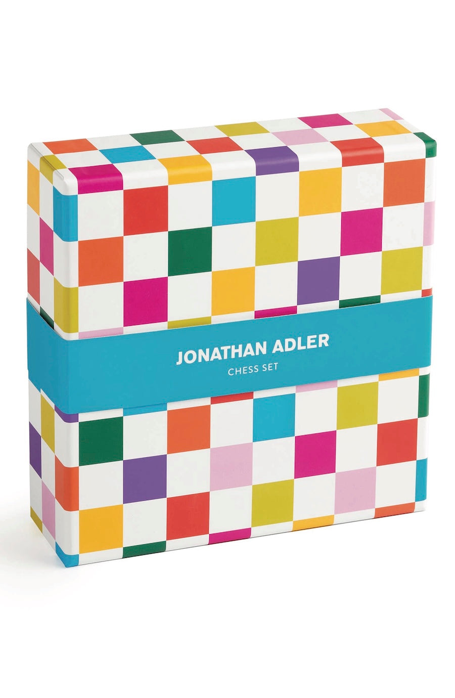 Jonathan Adler Chess Set in a colorful checkered box with a bright blue band around the middle, on a white background.