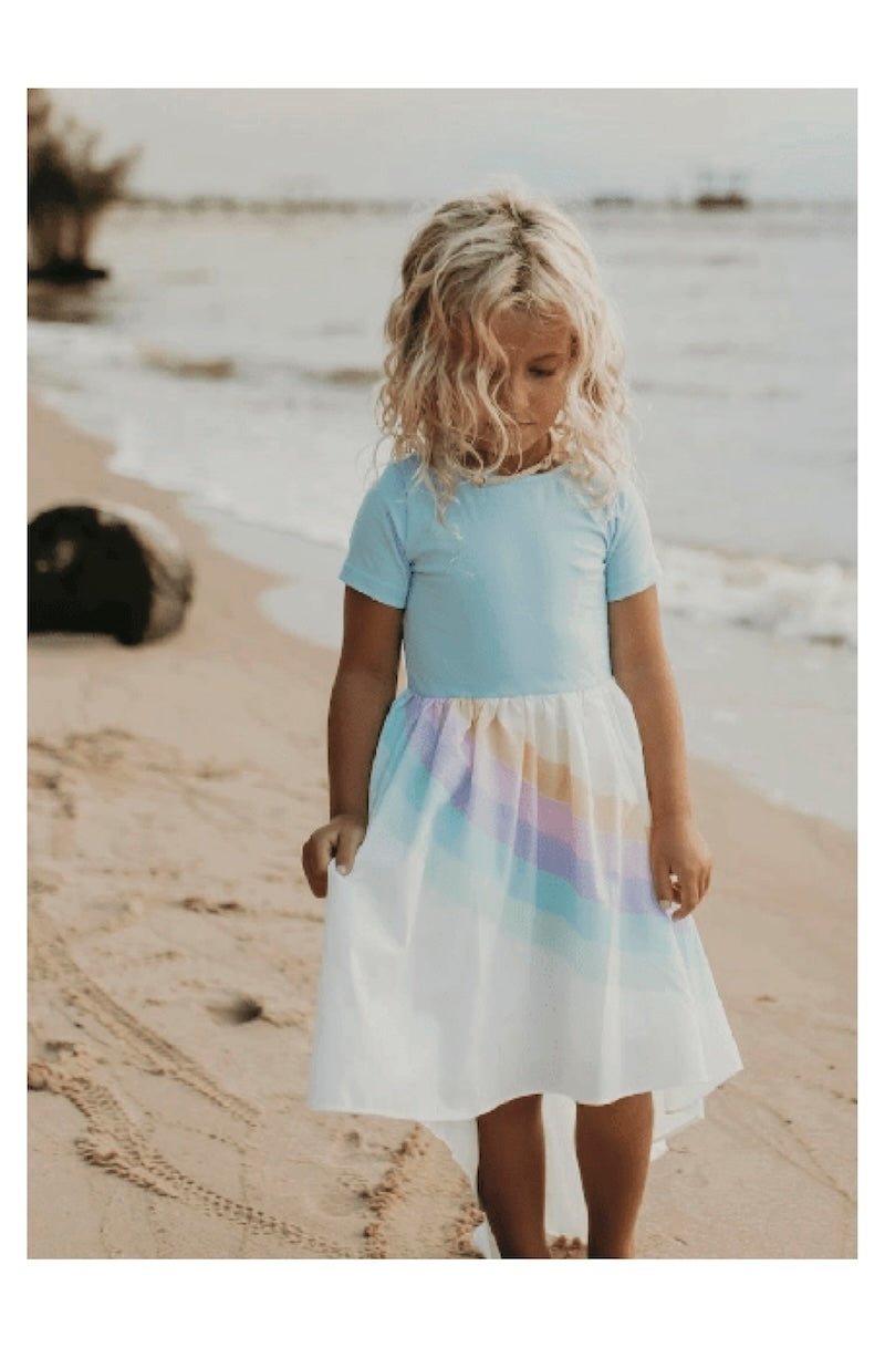 Kids Pastel Blue Rainbow Hi Lo Spring Summer Dress - Foxy’s
