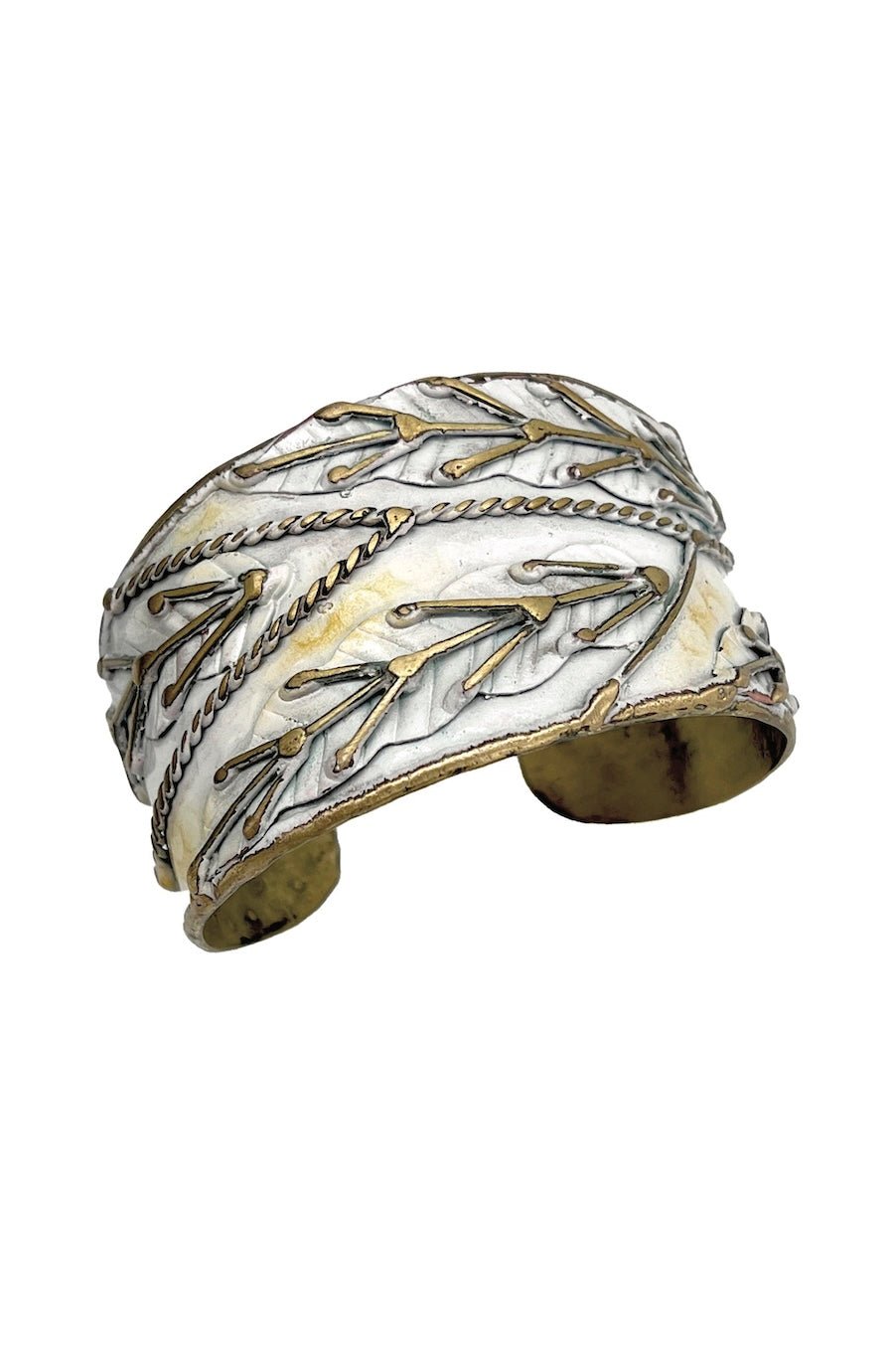 Brass Patina Cuff Bracelet - White Leaves - Foxy’s