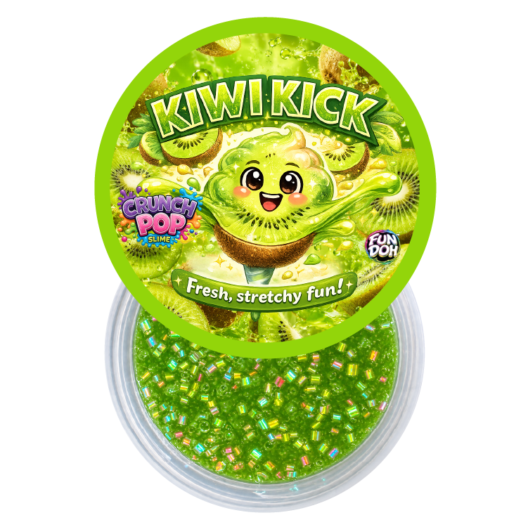 A round-lidded jar of green slime with a bright lime-green lid featuring a cartoon kiwi character and the text 'KIWI KICK' and 'Crunch Pop Slicies'. The clear plastic jar shows the translucent green slime inside filled with iridescent glitter.