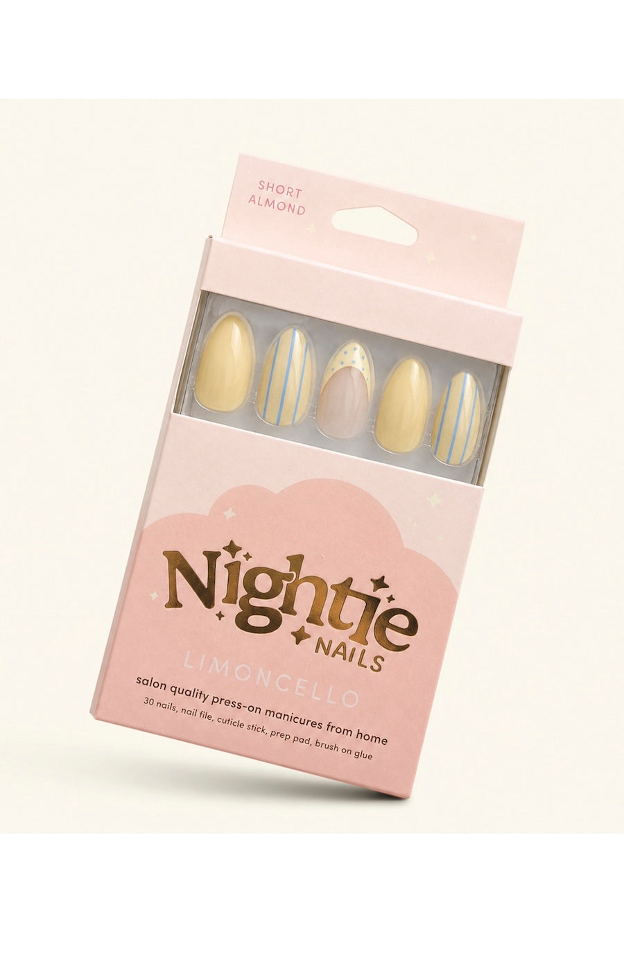 Nightjie Nails Limoncello press-on nails in a pink packaging box, showing five almond-shaped nails with a pale yellow and white striped pattern.