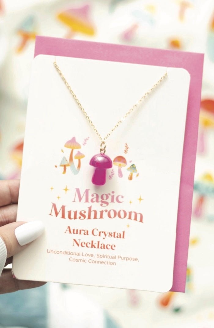 Aura Crystal Mushroom Necklace Card - Pink Magic & Good Vibes! - Foxy’s