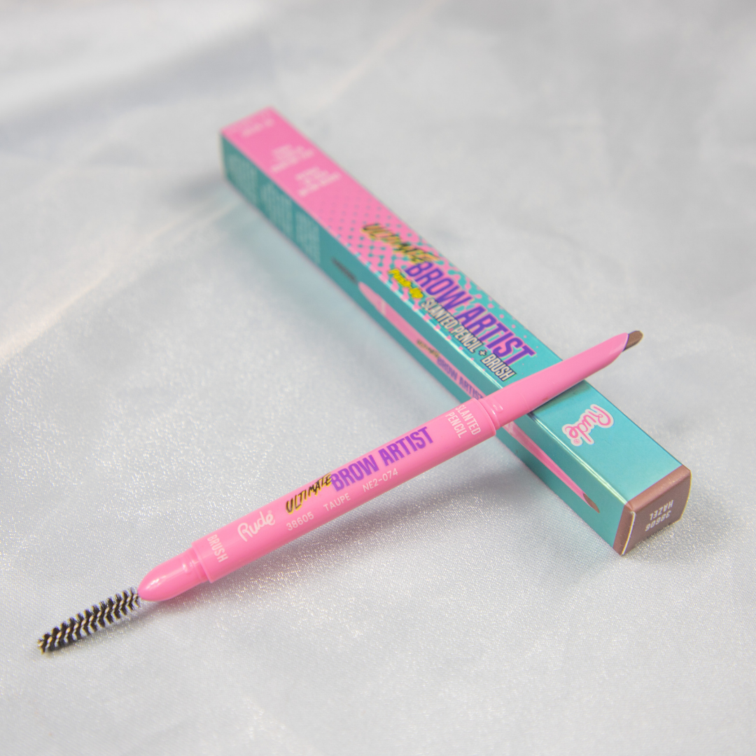 Pink eyebrow pencil with its packaging on a white background