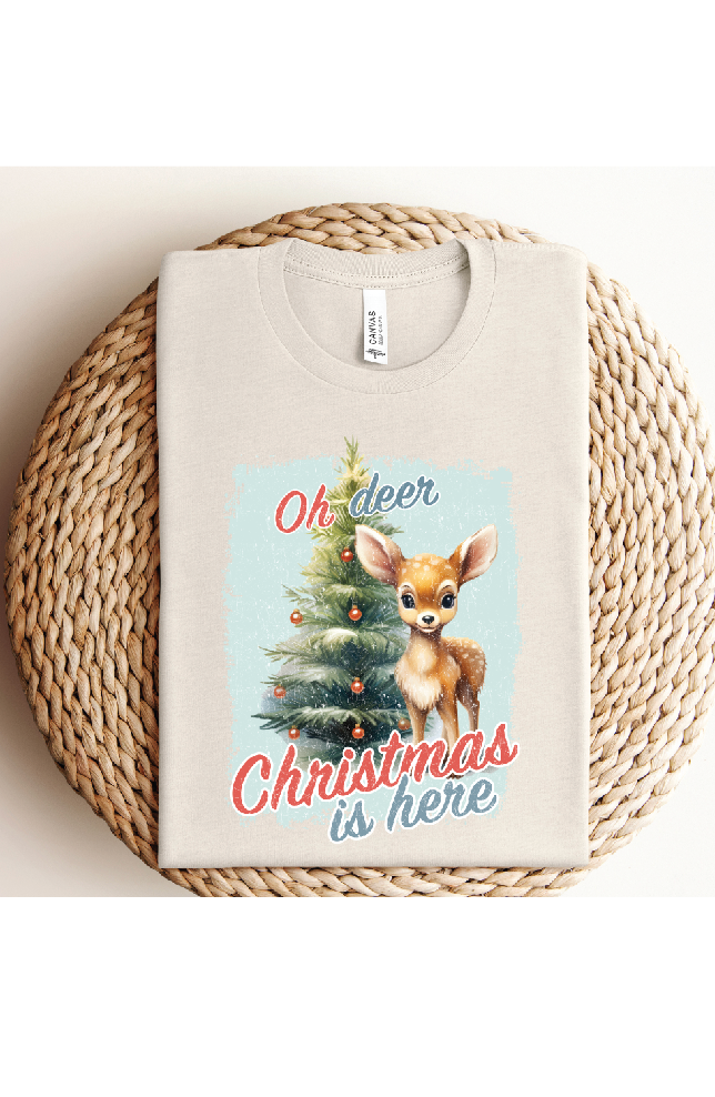 Christmas t-shirt for teens and adults that reads oh ddr Christmas is here with a picture of a deer and a christmas tree