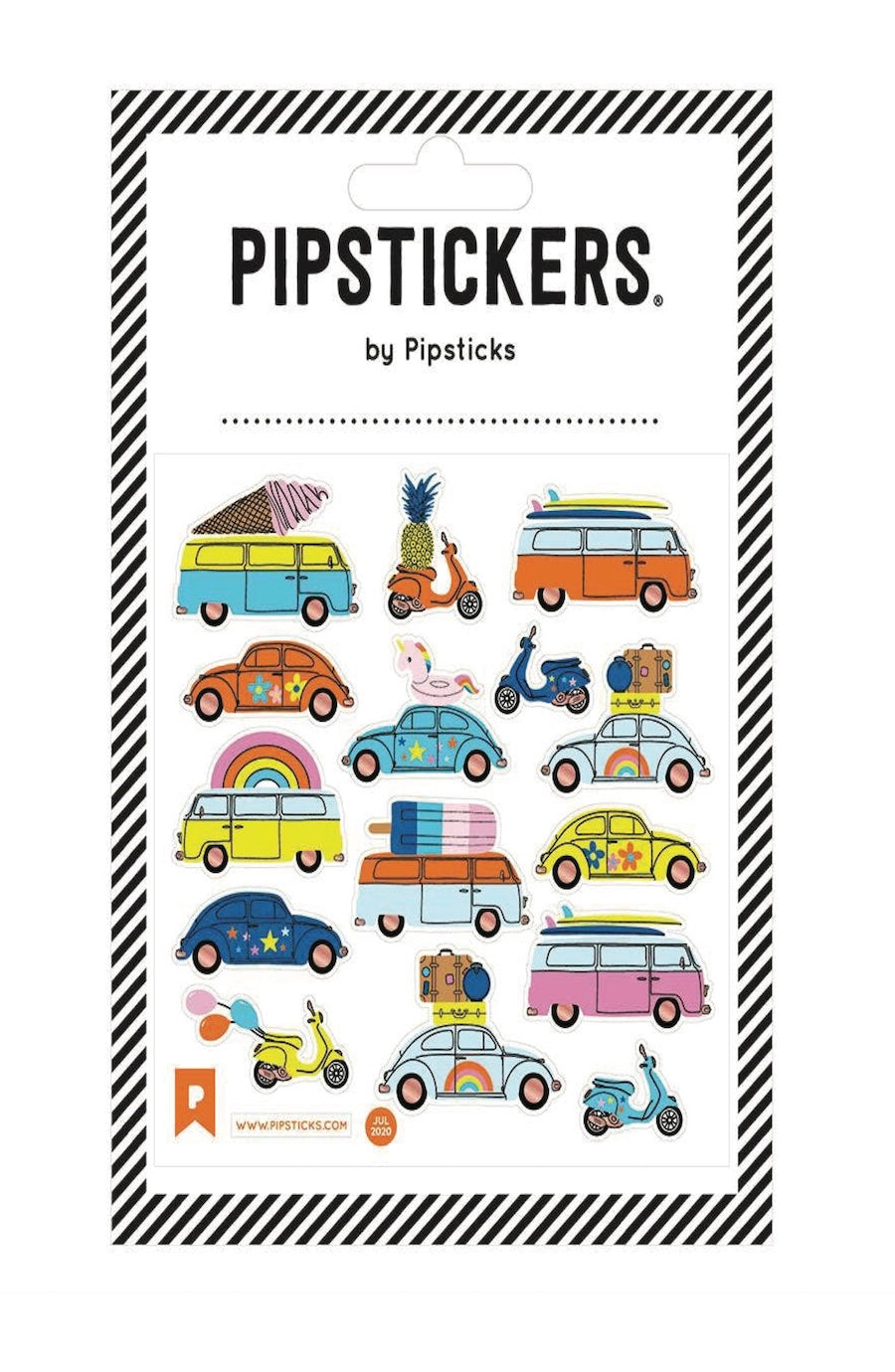 Packaging of Pipstickers with colorful vehicle illustrations on a white background.