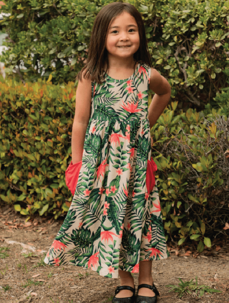 Tropical Printed Midi Pocket Little Girls Dress - Foxy’s