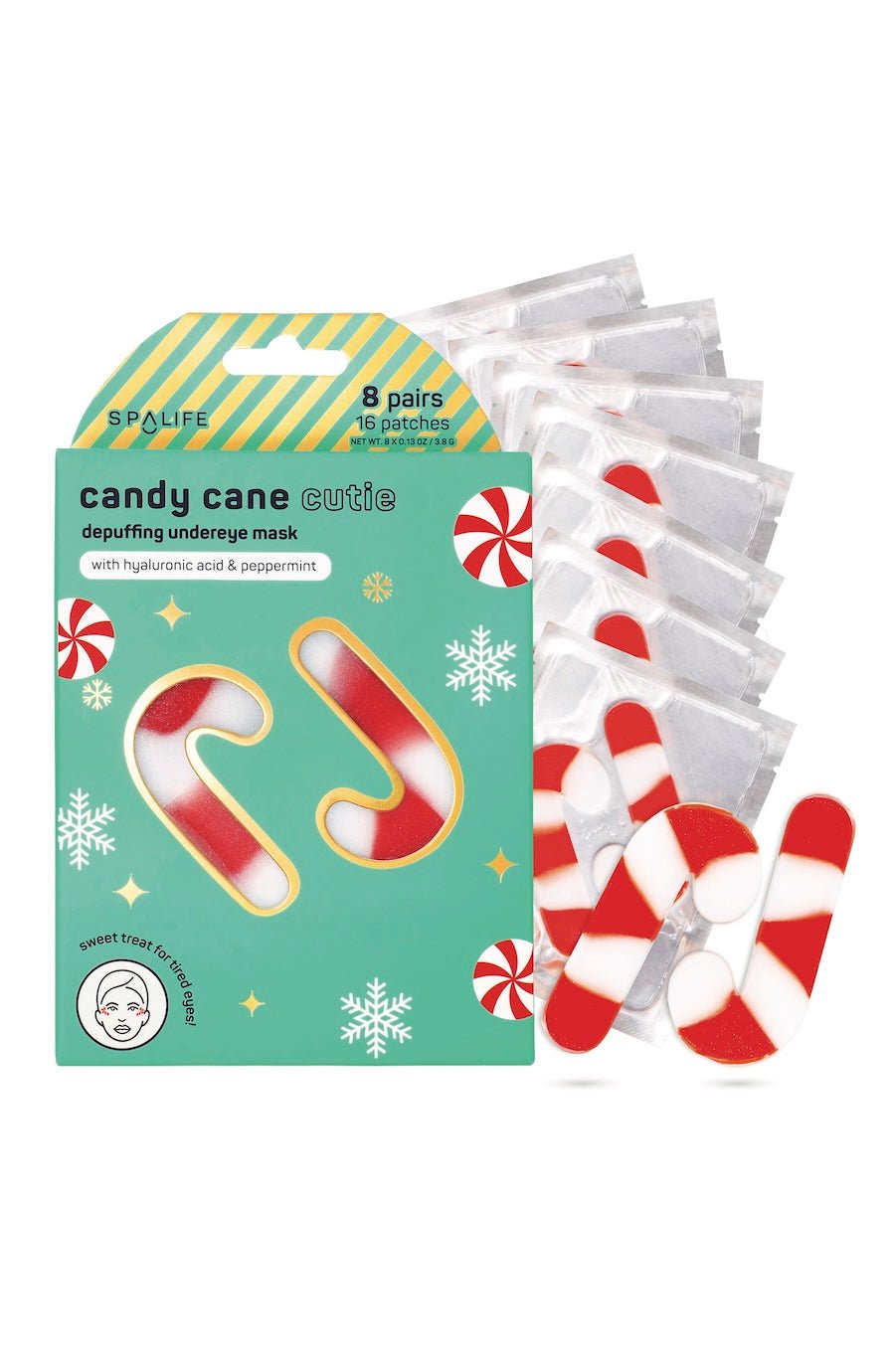 pack of 8 pair of Christmas candy cane undereye patches for gifting teens the Christmas