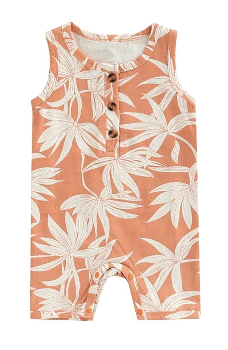 Peach Leaf Print Baby Romper - 9-12 Months - Soft Cotton Onesie - Foxy’s