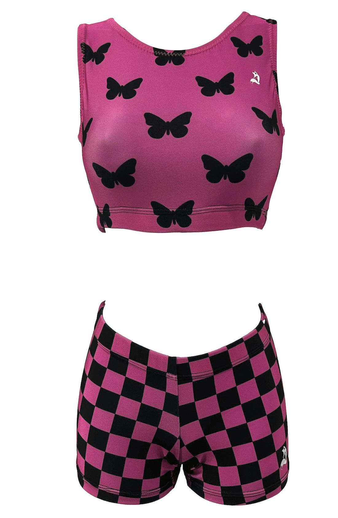 Pink crop top with black butterfly pattern and matching shorts with black and white checkered pattern on a white background.