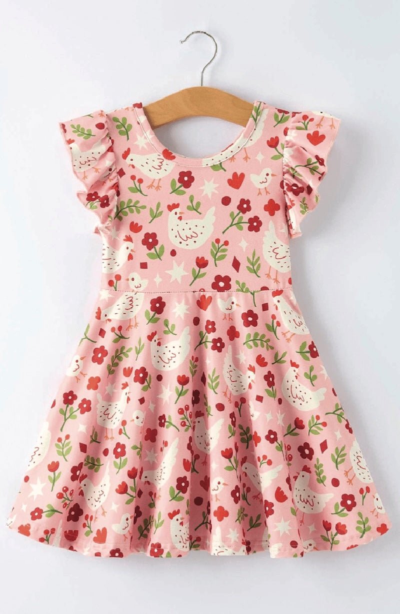 Spring Chicken Floral Farm Print Girls Dress - Foxy’s