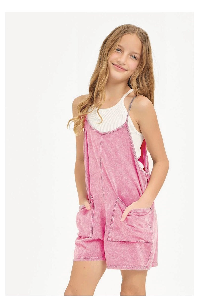 Two Pocket Mineral Wash Overall Romper / Onesie - Foxy’s