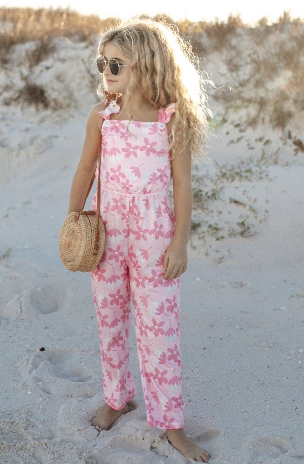 Kids Pink White Floral Button Ruffle Summer Pocket Jumpsuit - Foxy’s