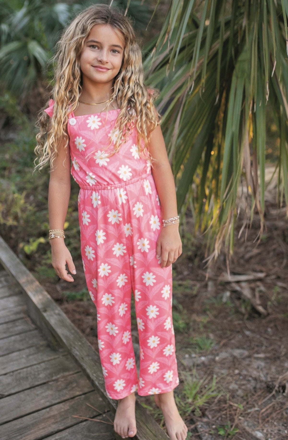 Girls Pink Amelia Daisy Flower Spring Summer Jumpsuit - Foxy’s