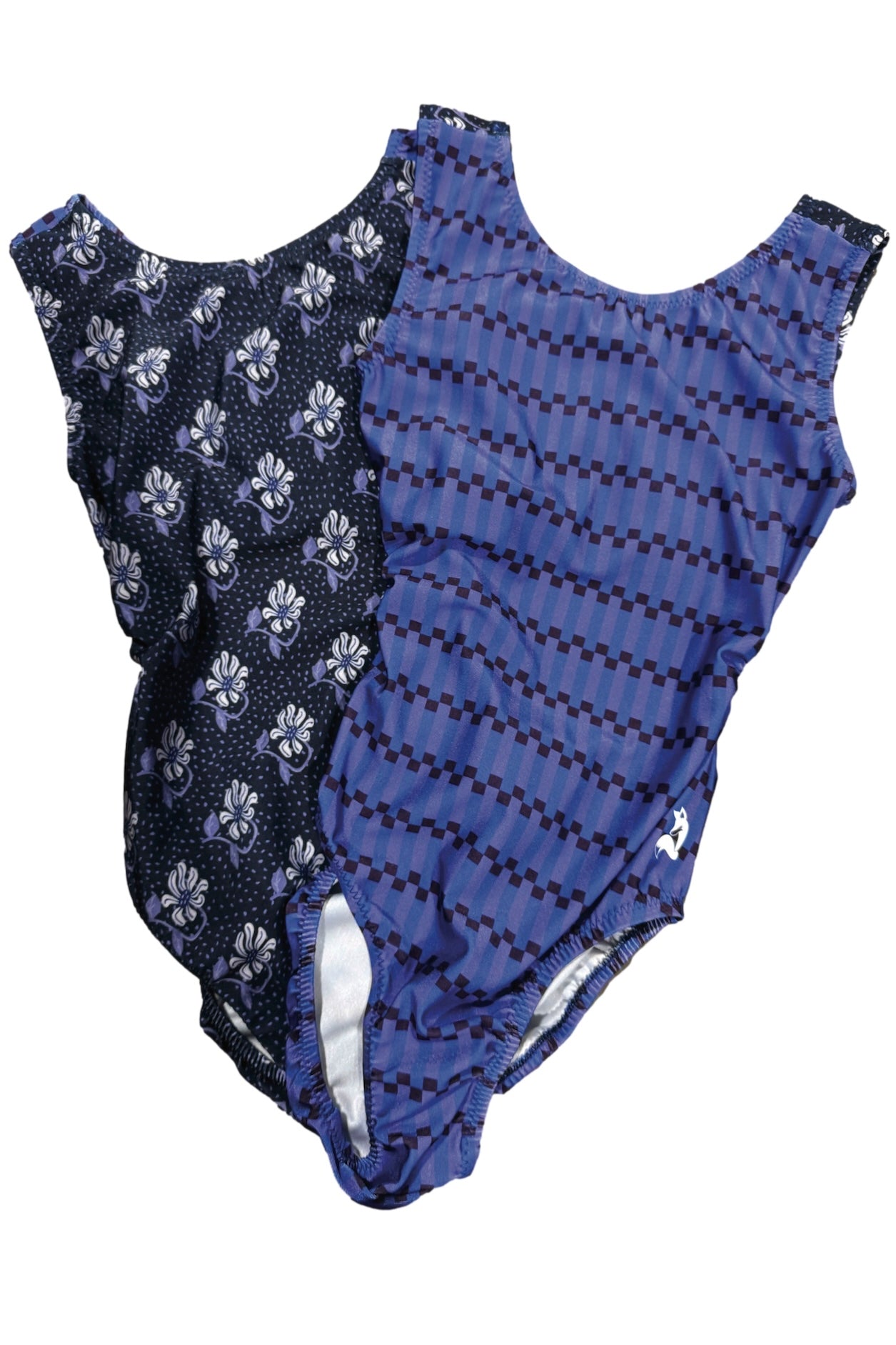 Two purple leotards  with floral and geometric patterns on a white background