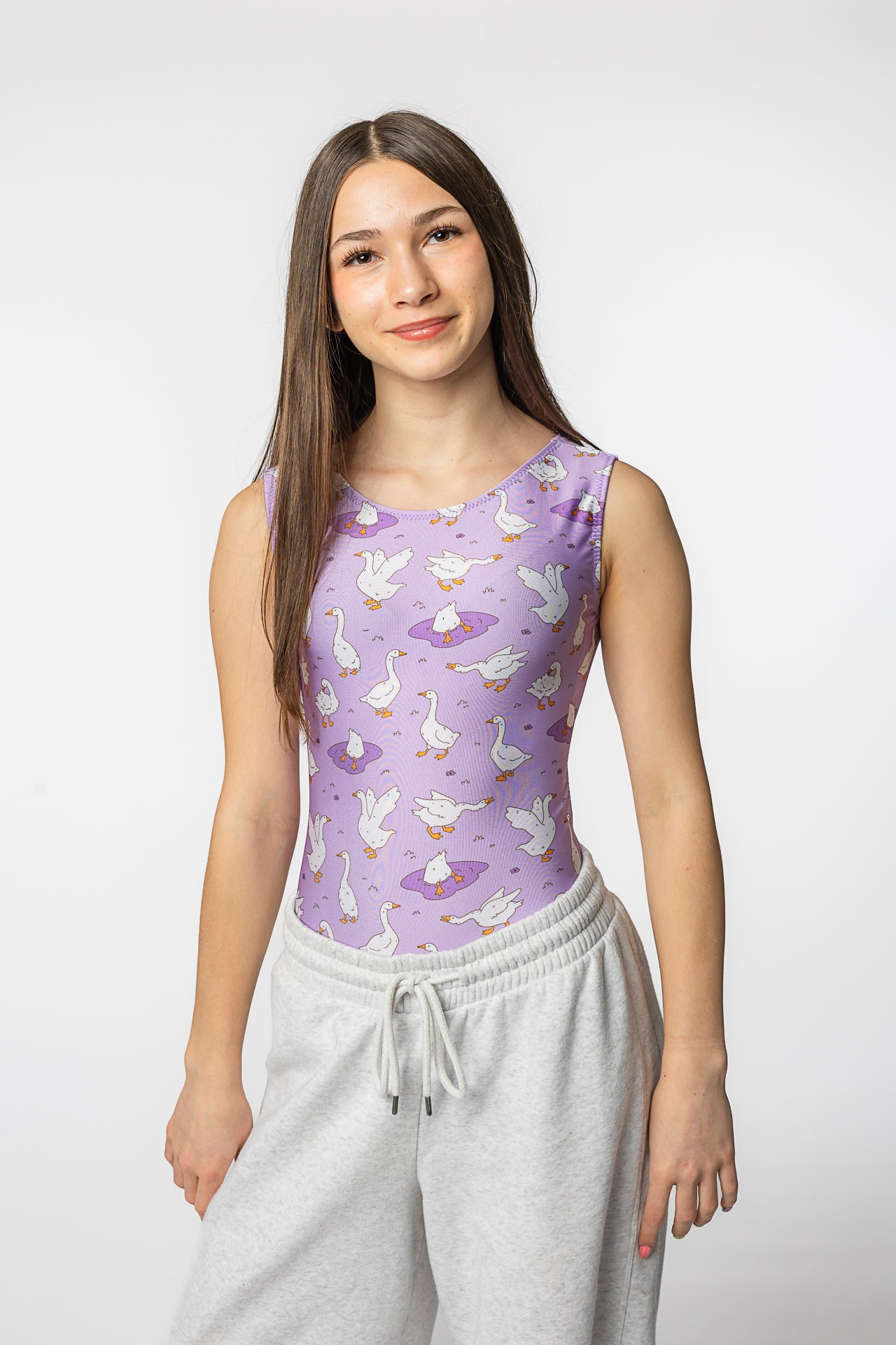 Silly Goose Lavender Gymnastics Leotard – Whimsical Goose Print for Girls - Foxy’s