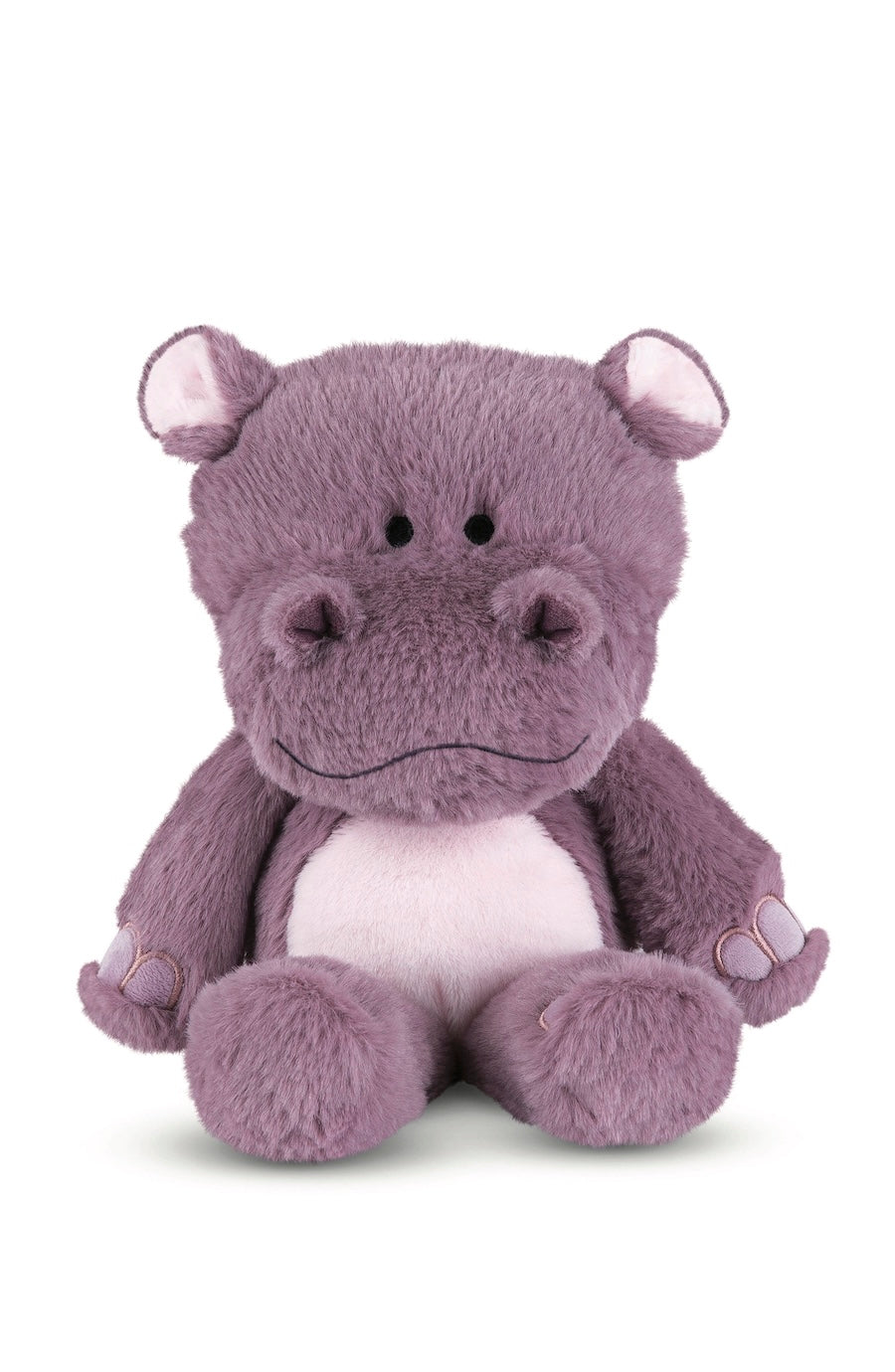 A plush hippopotamus toy in a dusty purple color with a white belly, pink inner ears, and small black stitched eyes and mouth, sitting against a plain white background.