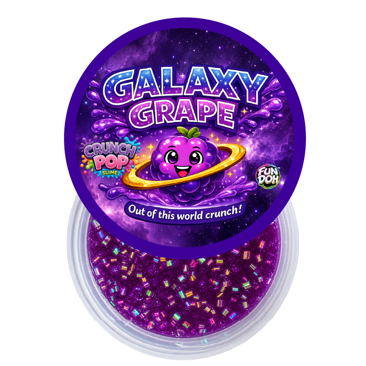 A clear plastic tub of purple grape-flavored glitter slime with a matching round branded lid. The lid features a purple galaxy background with a cartoon grape character and the text 'GALAXY GRAPE' and 'CRUNCH POP Gummy'.