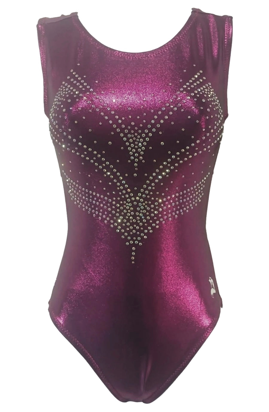 Purplish-pink leotard with rhinestone embellishments on a white background