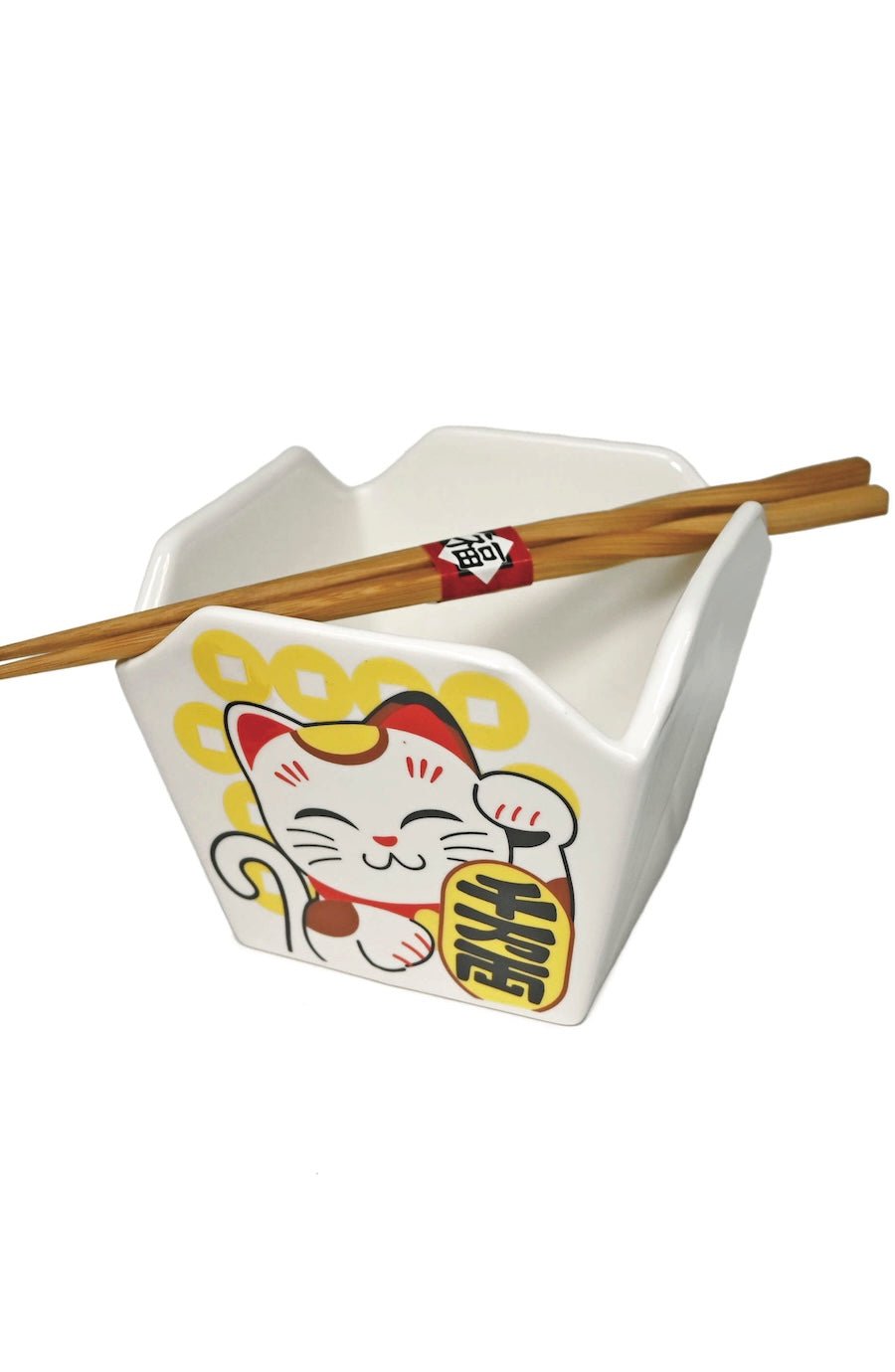 Ceramic Takeout Box-Style Bowl w/Chopstick – Lucky Cat - Foxy’s