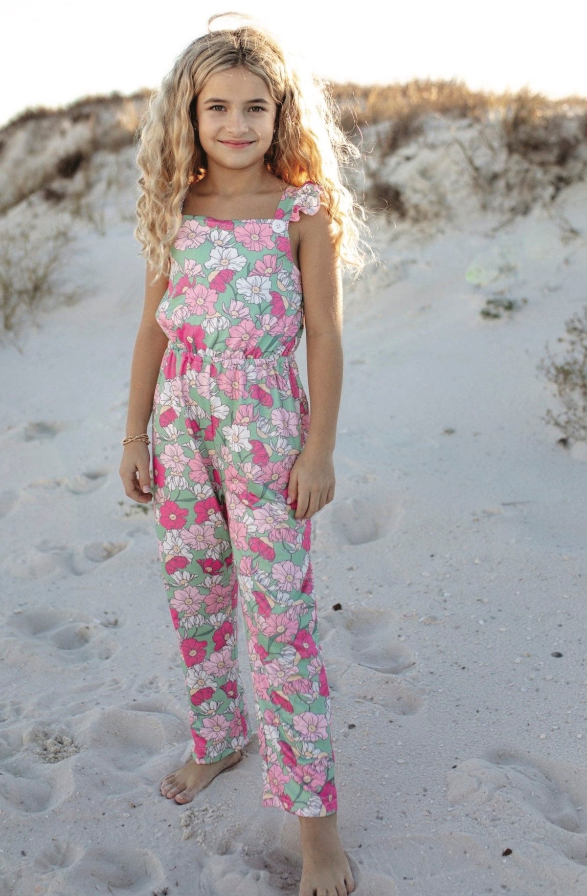 Kids Mint & Pink Flower Button Ruffle Summer Pocket Jumpsuit - Foxy’s