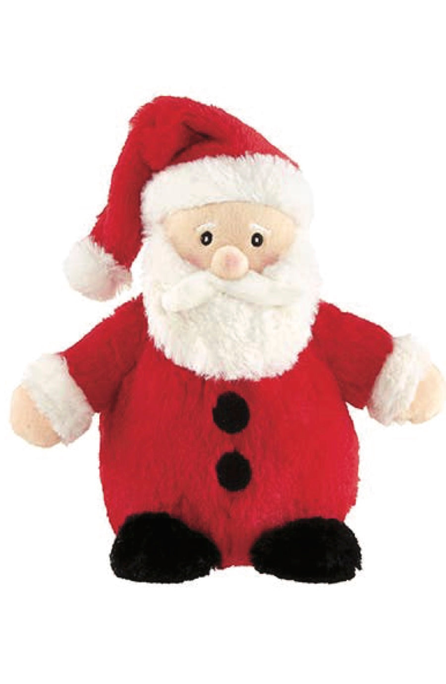 A plush Santa Claus doll with a red fuzzy suit, white faux-fur beard and trim, black boots, and a wooden face, isolated on a white background.