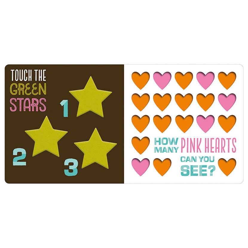 A rectangular sticker or activity sheet with a dark brown left panel that says 'TOUCH THE GREEN STARS' and shows three yellow stars numbered 1, 2, and 3. The right panel is white with rows of orange and pink hearts and the text 'HOW MANY PINK HEARTS CAN YOU SEE?'.