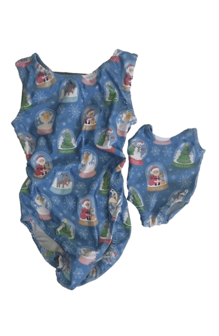 blue Christmas leotard with matching doll set for girls gymnastics and dance