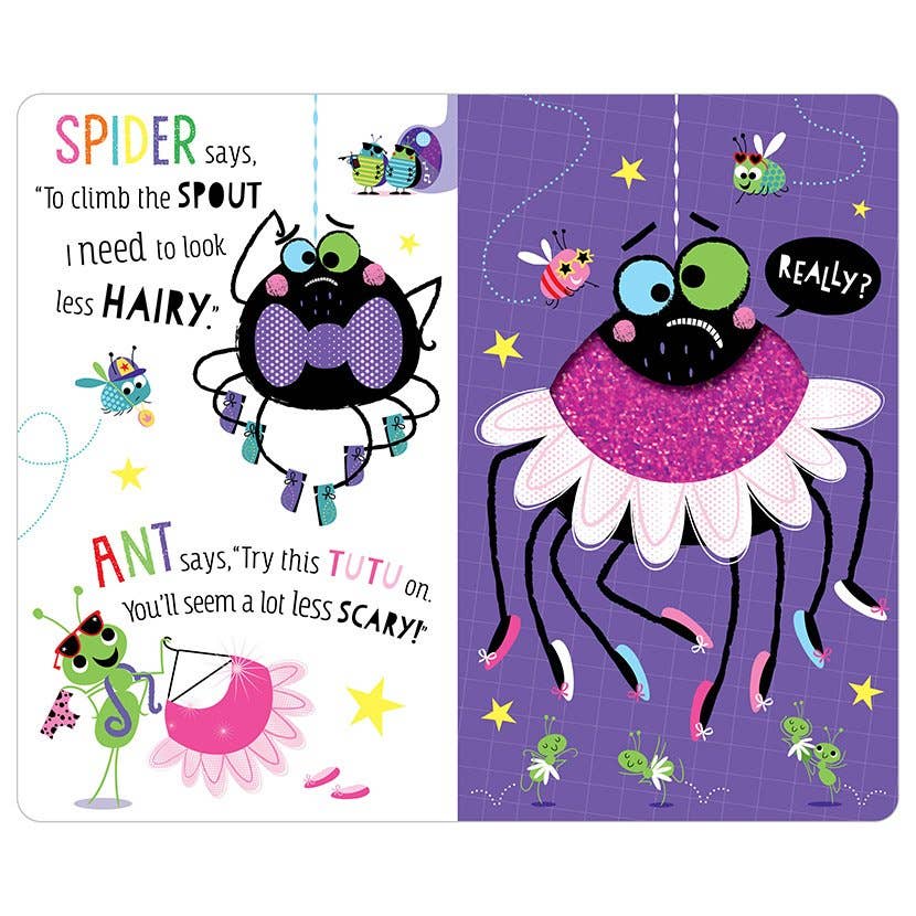 Illustrated book pages with spider and ant characters on a white background