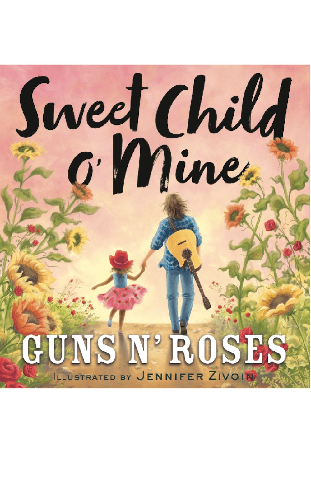 Book cover of 'Sweet Child o' Mine' by Guns N' Roses with a woman and child in a garden.