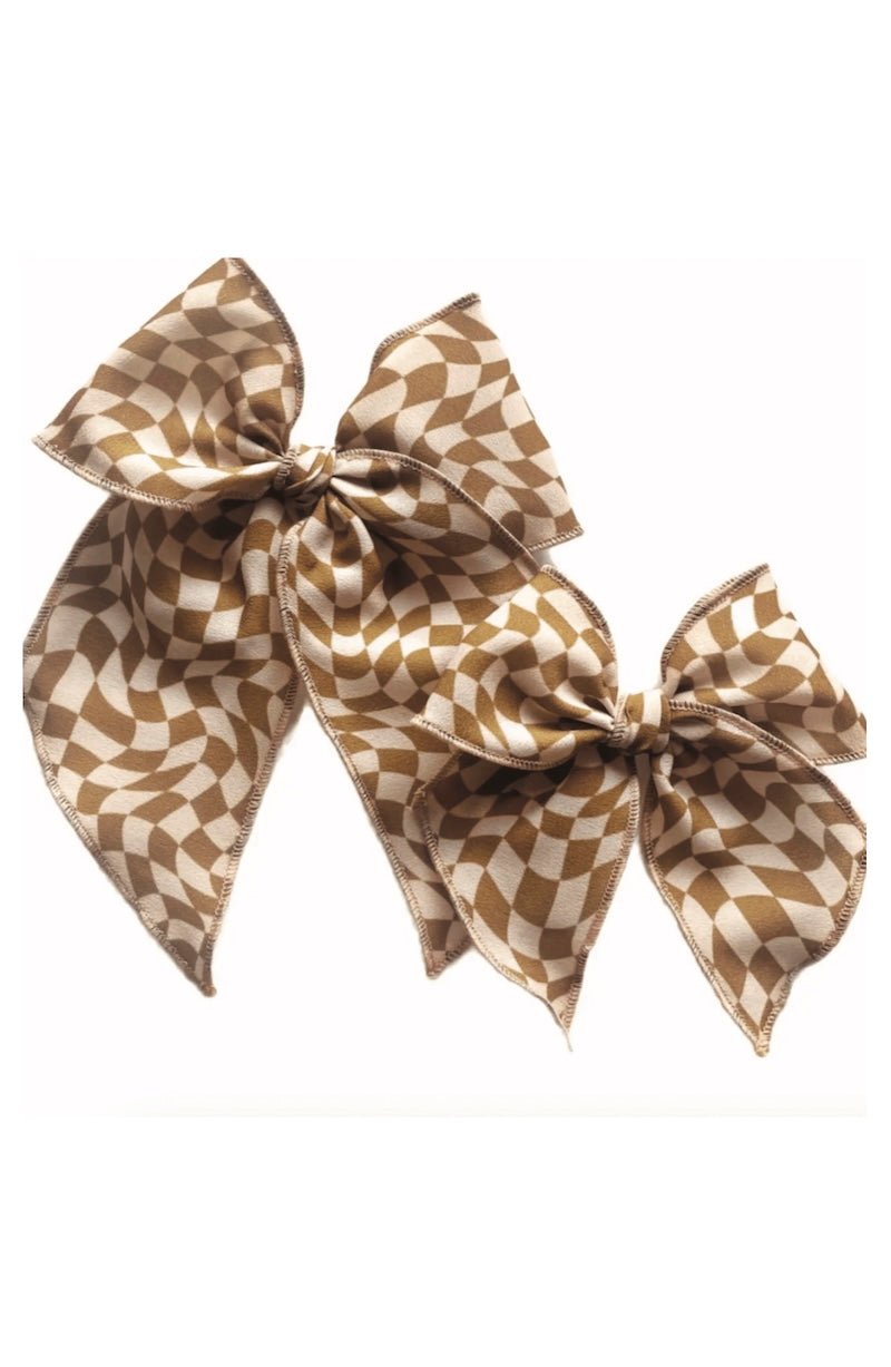 Tan & Blush Checkered Wave Elle Bow - Cute Hair Accessory for Girls! - Foxy’s