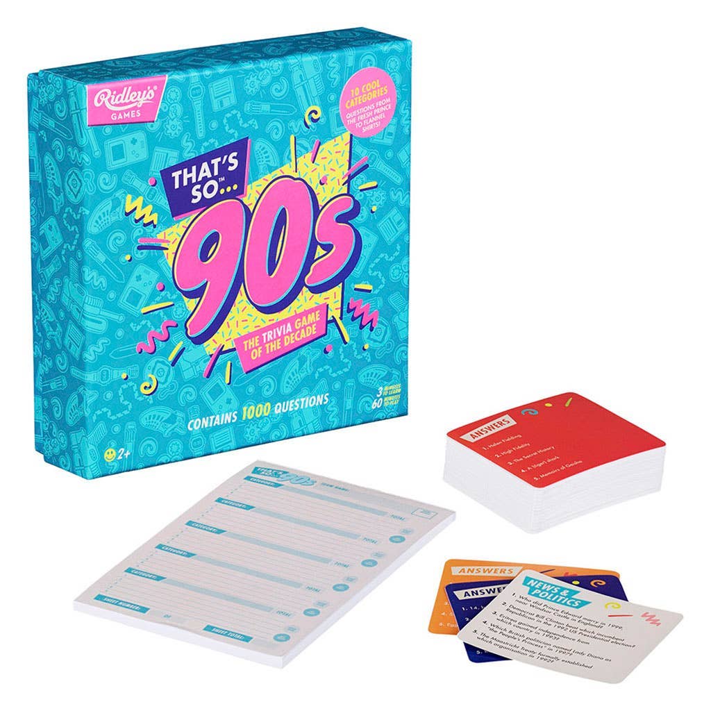 Board game set with 'That's So 90s' box, cards, and question sheets on a white background